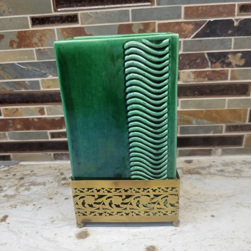 Vintage Mid Century Green Ceramic Vase Gold Metal Pierced Stand Art Deco MCM